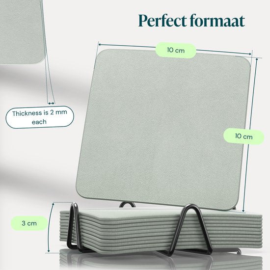 Sous-verres en simili cuir Castagnola – Sous-verres pour verres – Sous-verres design avec support – Lot de sous-verres en cuir avec support métallique – Cuir – Lot de 10 – Vert clair – 10 x 10 cm
