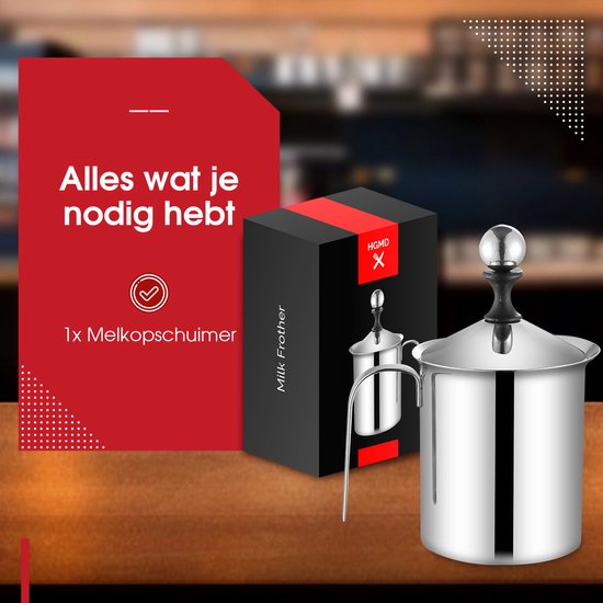 Mousseur à lait manuel HGMD - 400 ml - Acier inoxydable - Fouet à lait - Pot à lait - Barista - Lavable au lave-vaisselle