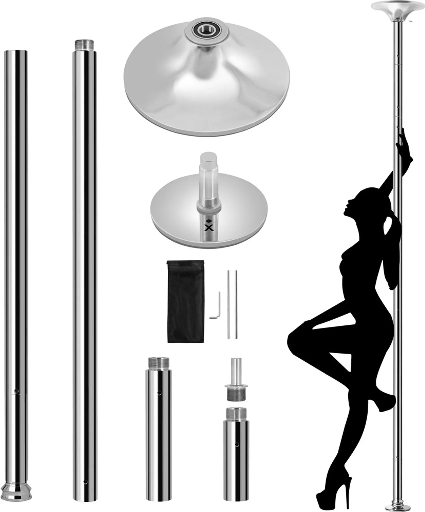 Yaheetech Dance Pole Ajustable - Comprend un support statique et rotatif, une protection en caoutchouc de silicone et 2 tiges d'extension - Pour la maison et le fitness - Métal chromé argenté - 25 x 25 x 216.5-275 cm