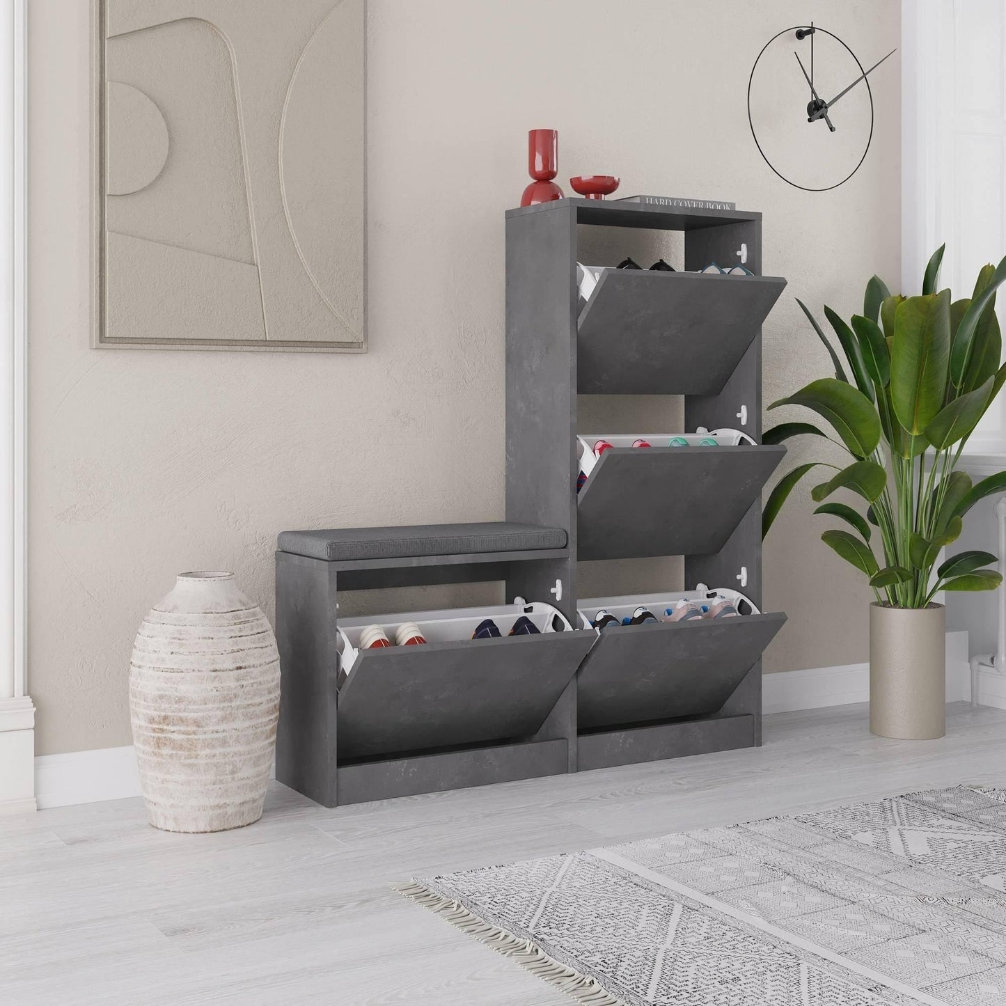 Armoire à chaussures Kalune Design Dude Grey 105x26x118,5 cm - Armoire à chaussures élégante et spacieuse