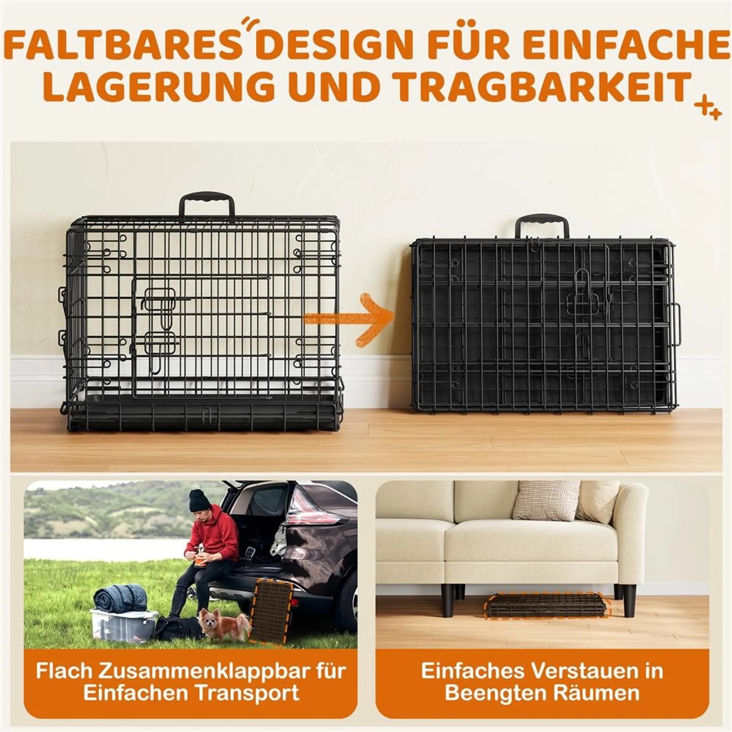 Yaheetech Banc pliant pour chien avec cloison - Comprend deux portes, une plaque inférieure amovible et un verrou de sécurité - Pour le dressage et les déplacements - Métal noir peint par poudrage - 61,5 x 41,5 x 47 cm