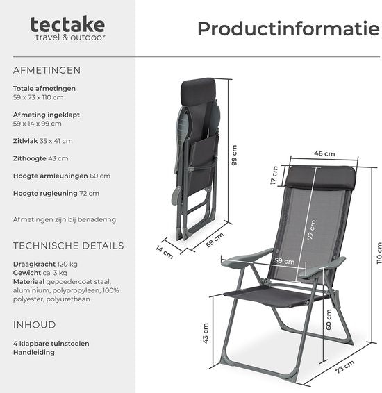 tectake®- Lot de 4 chaises de jardin avec dossier haut - Aluminium - Chaise pliante réglable en 5 sens avec accoudoirs - Fauteuil avec fonction inclinable - Mobilier de jardin pour la terrasse et le camping - Anthracite