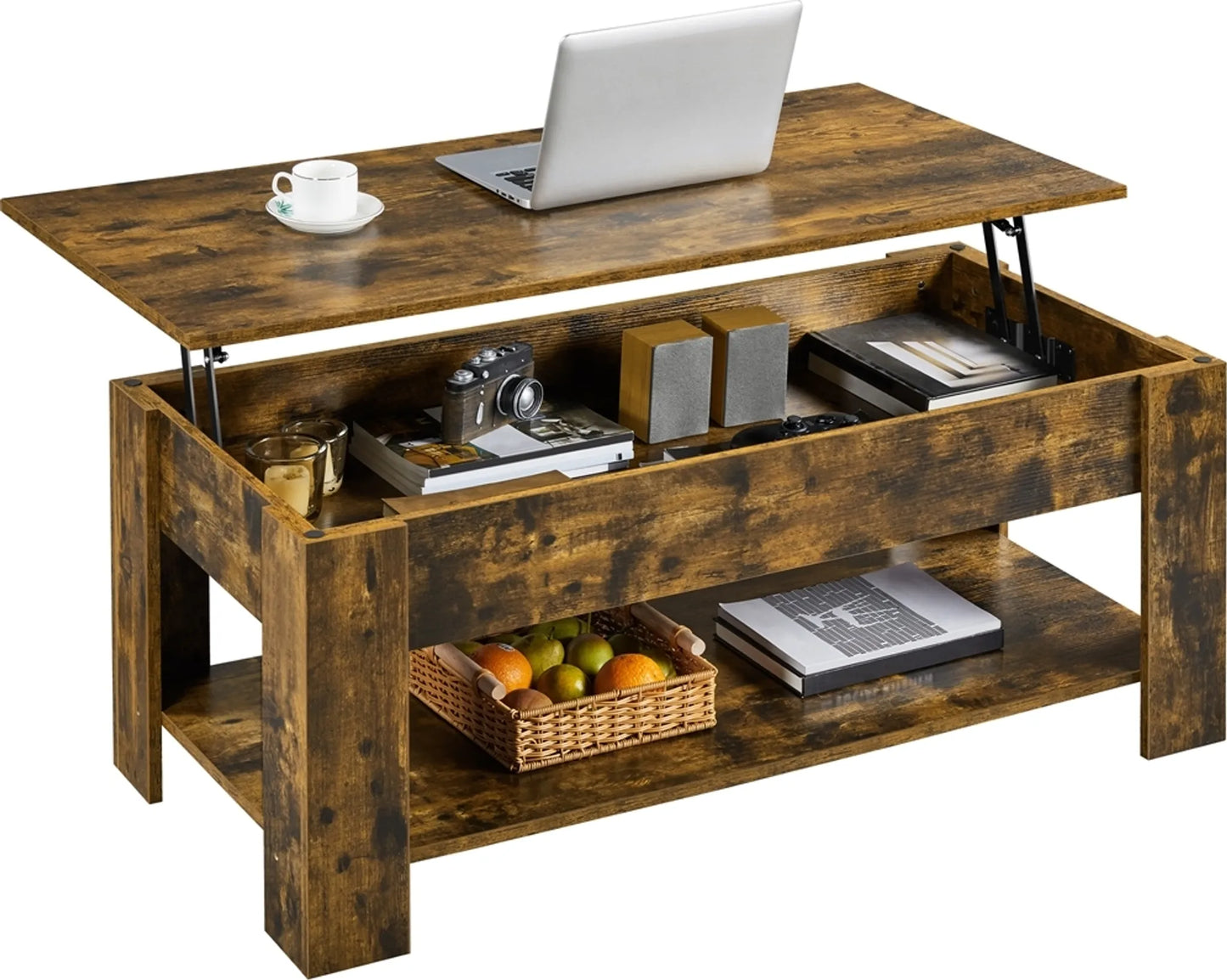 Yaheetech Table Basse avec Fonction Lift-Top - Avec Rangement Caché et Dégagement Inférieur Réglable et Mécanisme à Ressort - Pour Salon et Bureau - Mdf Marron Rouille et Métal - 120 x 59 x 49.5-62.5 cm