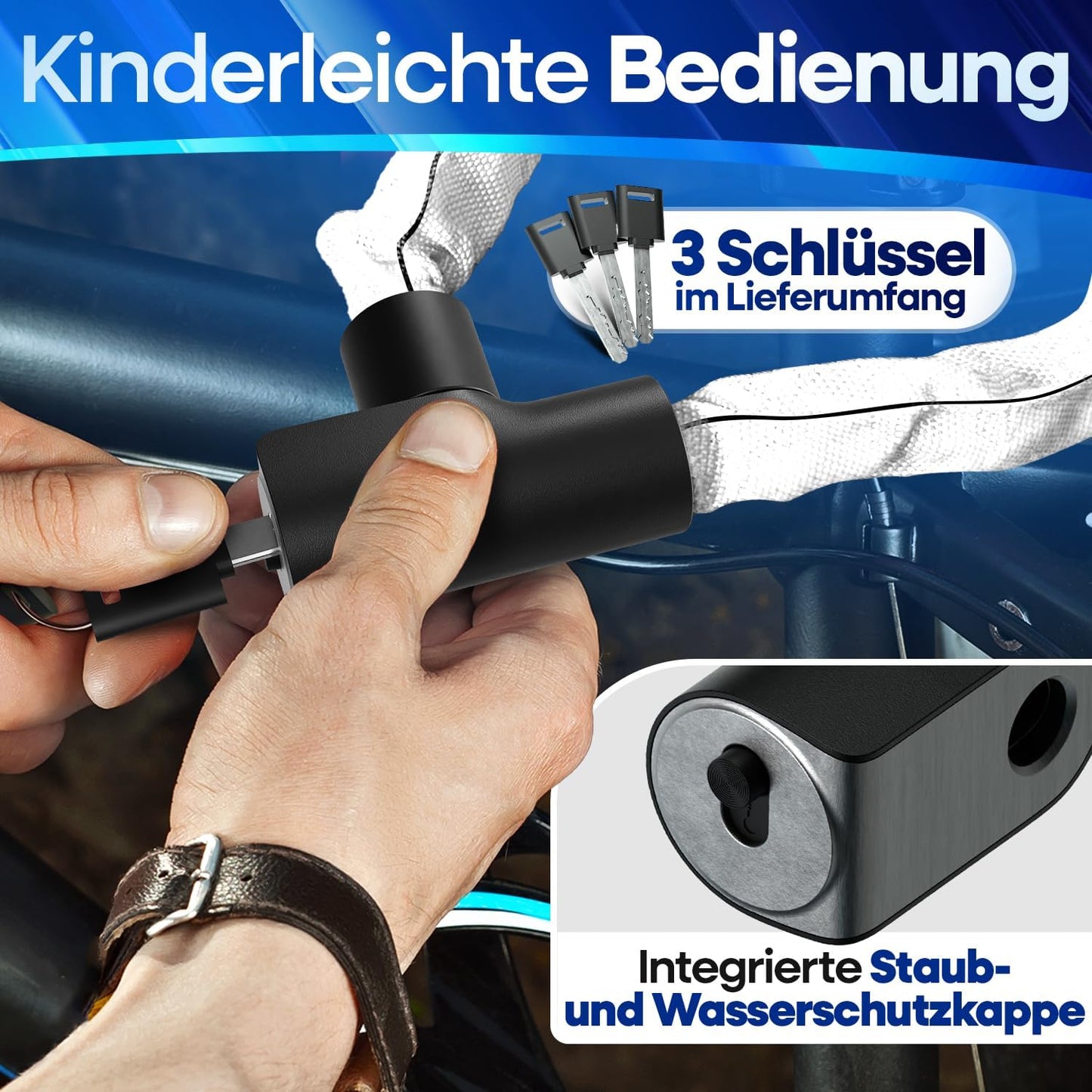 NEXTCOVER® Cadenas à vélo LockOne avec clé I - [SAFE] Cadenas à vélo haute sécurité I cadenas à chaîne robuste et durable I Cadenas à vélo, cadenas à vélo 3 clés