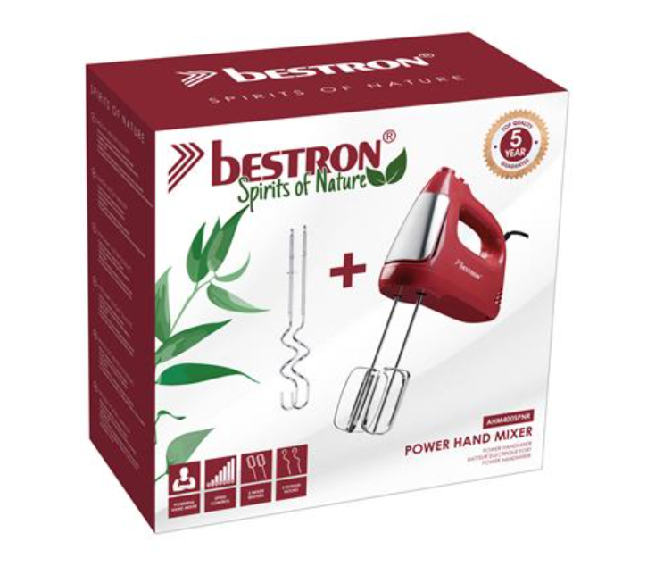 Batteur à main Bestron AHM400SPNR - 300 W - 6 vitesses - Fonction turbo - Fouets et crochets pétrisseurs en acier inoxydable - 19 x 8 x 15 cm - Rouge