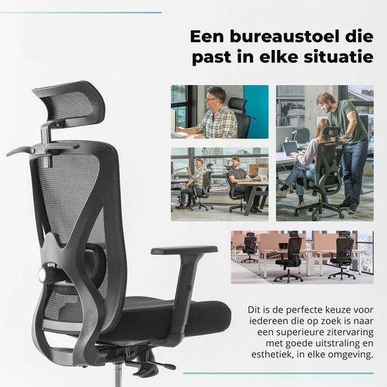 Backerz® Ergonomic Office Chair for Adults Fully Adjustable - NEN-EN1335 certified up to 150kg - Office Chair - Game Chair - Motion Mesh, Black