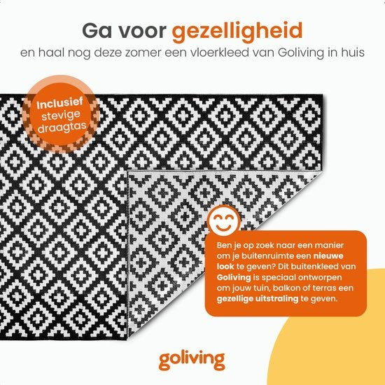 Goliving Tapis d'extérieur Summer Diamond - 183x290CM - Tapis de jardin - Tapis d'extérieur - Tapis - Tapis de jardin - Réversible - Sac de transport inclus - Noir/Blanc