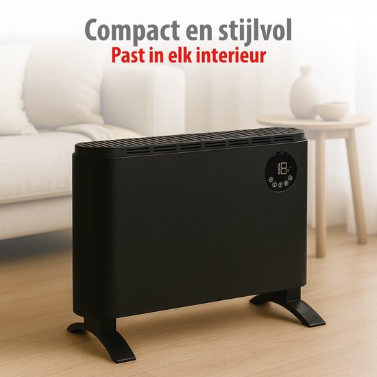 Radiateur électrique Alpina 2000 W - Radiateur électrique à convection - Radiateur avec thermostat réglable et 3 niveaux de chaleur - À poser ou à fixer au mur - Noir