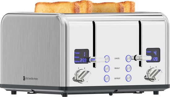 KitchenBrothers Toaster - Grille-pain - 6 niveaux de chaleur - 4 fentes extra-larges - 1630W - inox/Argent