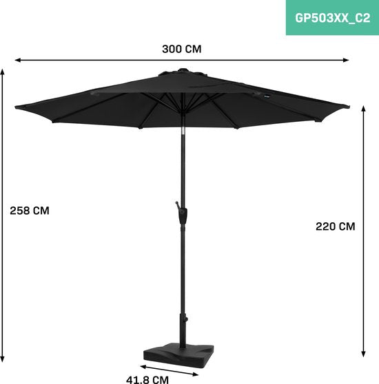 VONROC Premium Parasol à manche Recanati Ø300cm - Base de parasol et housse de protection incluses - Parasol rond - Inclinable - Toile résistante aux UV - Noir