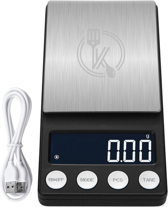 Kitchenwell digital mini precision kitchen scale - 0.01 à 200 grammes - 14.2 x 7.5 cm - balance de poche rechargeable par USB - balance de cuisine - noir