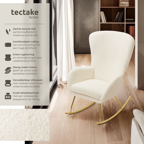 tectake® Swing Rocking Chair - Fauteuil Bouclé tapissé avec patins en acier et coussin d'assise extra épais - Design scandinave, facile d'entretien et ergonomique - crème/doré