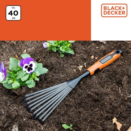 BLACK+DECKER Râteau à main - 38.8 CM - Poignée ergonomique - Facile à suspendre - Noir/Orange
