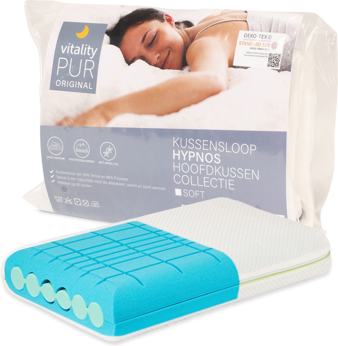 Vitality Pur Oreiller Hypnos - Ferme - 40 x 60 cm - Visco Foam - Enveloppe Tencel