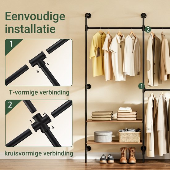 Portemanteau mural SoBuy avec 4 tringles et 4 étagères en MDF, penderie ouverte, capacité de charge de 120 kg pour chambre à coucher, 265 x 48 x 220 cm, noir industriel KLS19-SCH