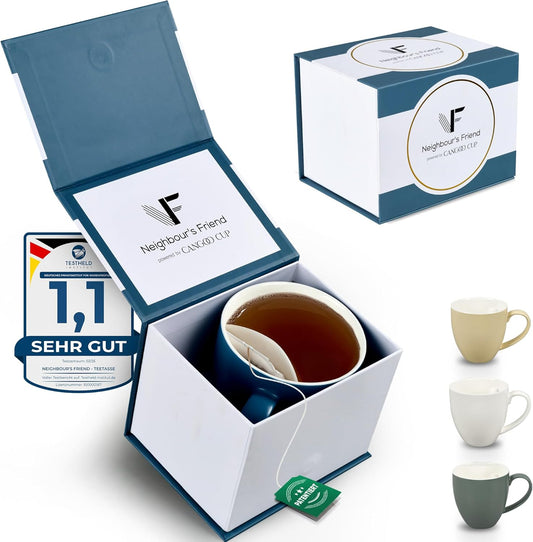 Neighbour's Friend Tasse à thé brevetée bleue Boîte cadeau I Tasse en céramique grande 325ml I Tasse à thé en faïence I Tasse en céramique pour le thé I Tasses à thé lavables au lave-vaisselle I Design moderne pour les buveurs de thé