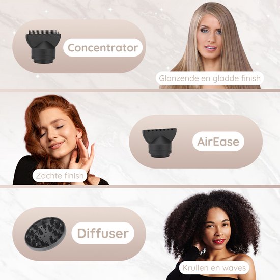 Sansbeauté® Hair Dryer with Diffuser - Ionic Hair Dryer - Brush - Travel Hair Dryer - 3 Attachments - Curls - Coolshot - 3 Stages - Hair Dryer with Diffuser - Hair Dryer - 2000W - White