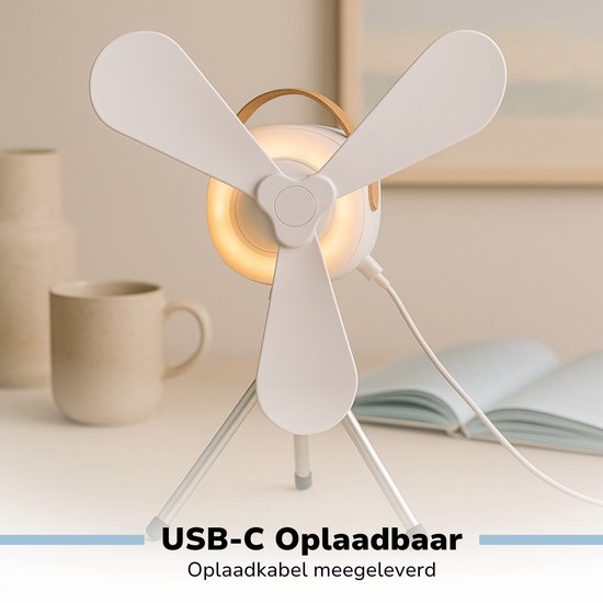 Ventilateur de table Lifetime Air - Ventilateur rechargeable via USB-C - Ventilateur sur pied avec veilleuse et télécommande - Ventilateur avec télécommande et 3 vitesses - Blanc