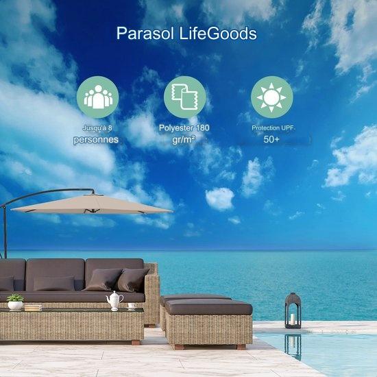 Parasol LifeGoods, Ø300cm, imperméable, avec housse et base en croix, Taupe