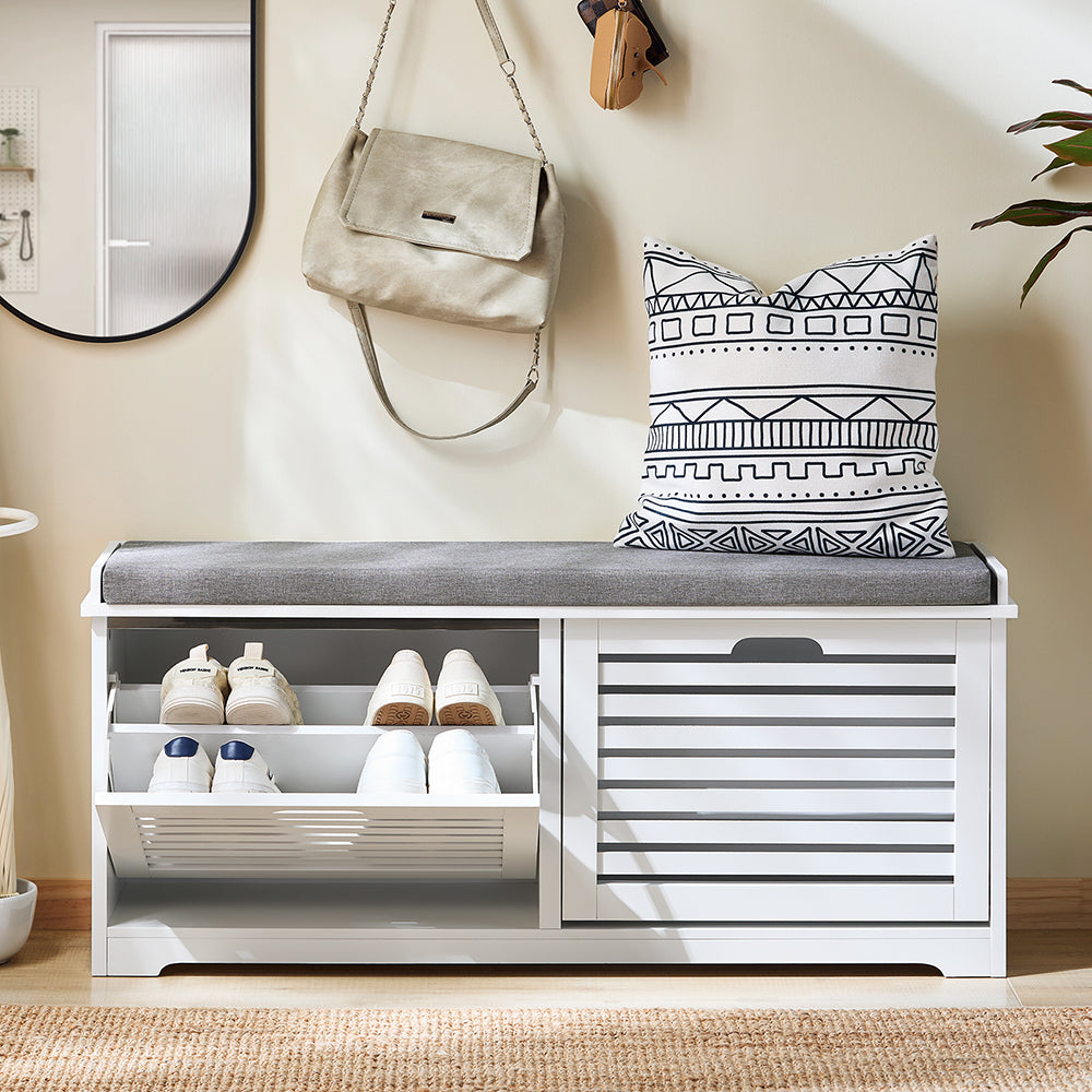 SoBuy FSR184-W - Banc à chaussures élégant avec coussin de siège et 2 rabats - compact et confortable