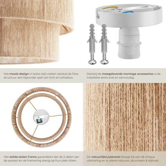 tectake® Plafonnier style Boho- Lampe pendante avec abat-jour en jute - 40W