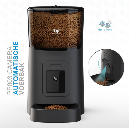 Distributeur automatique de nourriture Pretty Paws Camera - Mangeoire automatique intelligente avec application - Capacité de 6 L - 35,8 x 19,5 x 36,2 cm - Noir