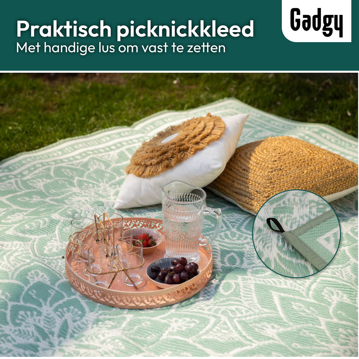 Tapis d'extérieur Gadgy XXL - Tapis d'extérieur 270x200 cm - Tapis de jardin double face - Tapis de pique-nique vert blanc - Tapis d'extérieur