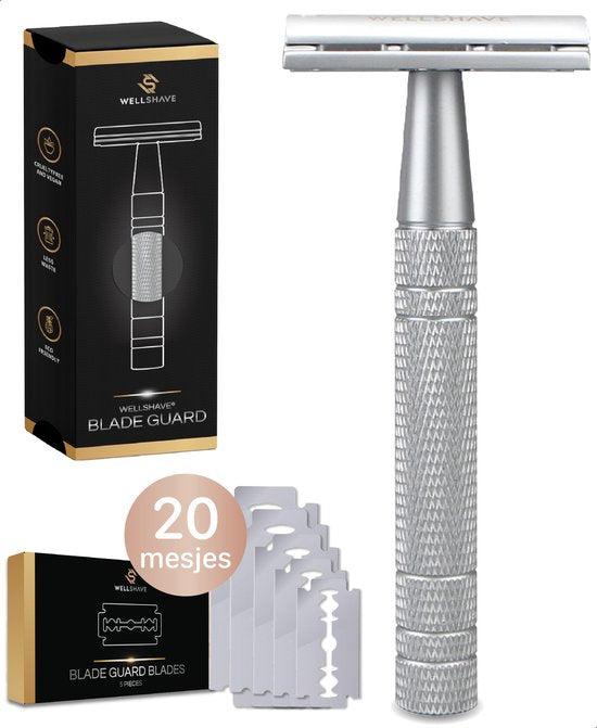 Wellshave Safety Razor Grey - Stainless Steel + 20 Razors - Women & Men - Razor - Safety Razor - Double Edge - Single Blade