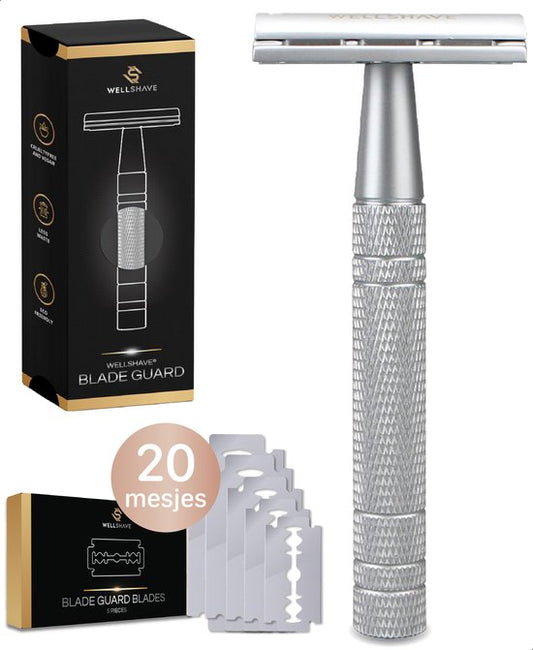 Wellshave Safety Razor Grey - Stainless Steel + 20 Razors - Women & Men - Razor - Safety Razor - Double Edge - Single Blade