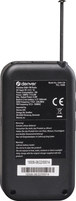Denver DAB radio - Radio portable - Piles u0026 Alimentation secteur - 60 présélections - Réveil de voyage - DAH126 - Noir