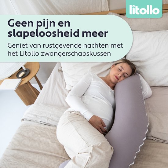 Litollo® Coussin de grossesse (forme J) - Coussin de soie - Coussin d'allaitement - Coussin de corps - 145cm - Housse amovible - Gris
