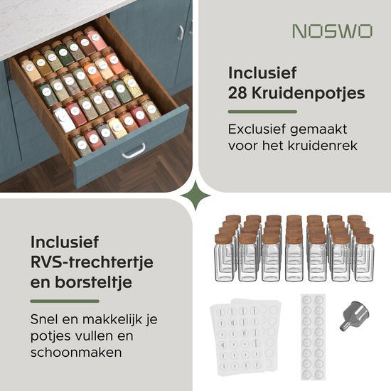 Noswo Tiroir à épices avec 28 pots - Set complet - Carré - Couvercle à saupoudrer et étiquettes - Organisateur d'épices - Organisateur de tiroirs de cuisine - Acacia
