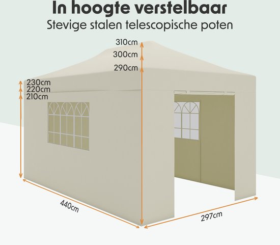 Tente de fête LifeGoods - Pavillon - 3 x 4,5 m - Parois latérales - Montage facile - Pliable - Imperméable - Sac de transport à roulettes - Beige