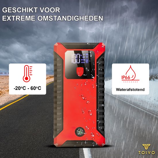 Toivo 12V Jumpstarter for Car - 1000A / 20,000 mAh - With Compressor - 4-in-1 Starting Aid with Powerbank, LED Flashlight and SOS Emergency Light - In Storage Case