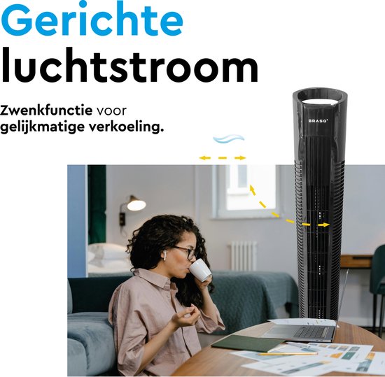 BRASQ Ventilateur de tour F500 - 80 cm de haut - noir - silencieux - avec télécommande - minuterie et mode veille - ventilateur de sol - 50W - pour chambre à coucher et bureau