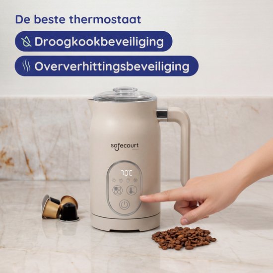 Safecourt kitchen Mousseur à lait électrique - 100% sans PFAS - Affichage et contrôle de la température - 4 en 1 - 350ml - Beige