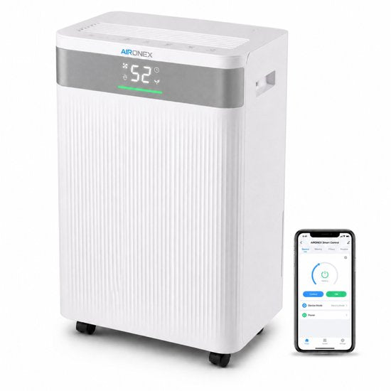 Déshumidificateur Aironex 20 L par jour – Fonction de séchage du linge – Jusqu'à 70 m² – Silencieux – Avec application et ioniseur – Pour cave, salon, chambre et salle de bains – Déshumidificateur