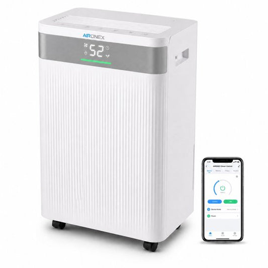 Déshumidificateur Aironex 20 L par jour – Fonction de séchage du linge – Jusqu'à 70 m² – Silencieux – Avec application et ioniseur – Pour cave, salon, chambre et salle de bains – Déshumidificateur