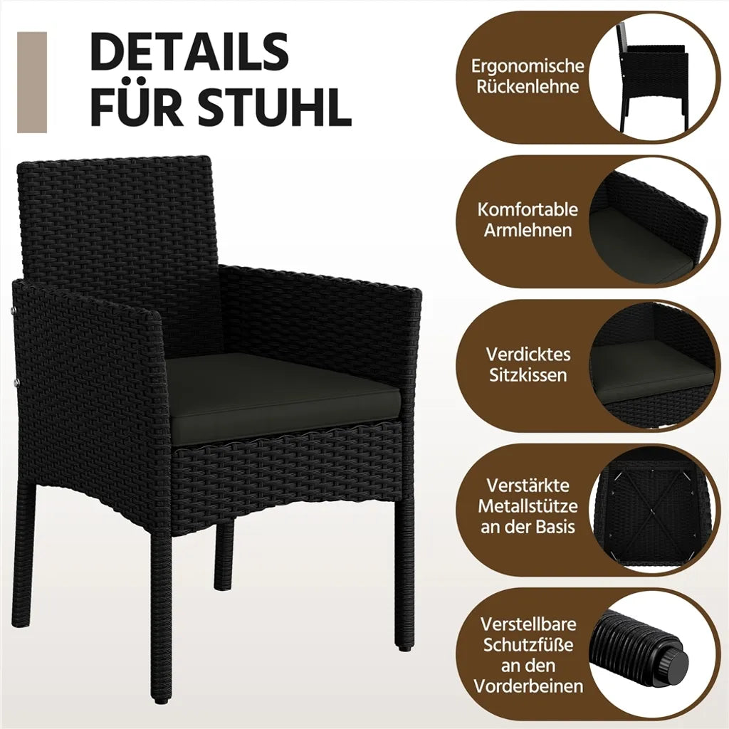 Ensemble de salon de jardin Yaheetech 4 pièces - Noir/Gris - Ensemble de mobilier de jardin en polyrotin comprenant un canapé 2 places, 2 chaises et une table basse