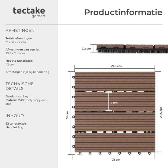 tectake® WPC wood tiles - Dalles aspect bois - Résistant aux intempéries - Sol extérieur - Dalles de sol - Sol de balcon - Dalles de terrasse avec système click - Drain - Lot de 22 - Marron