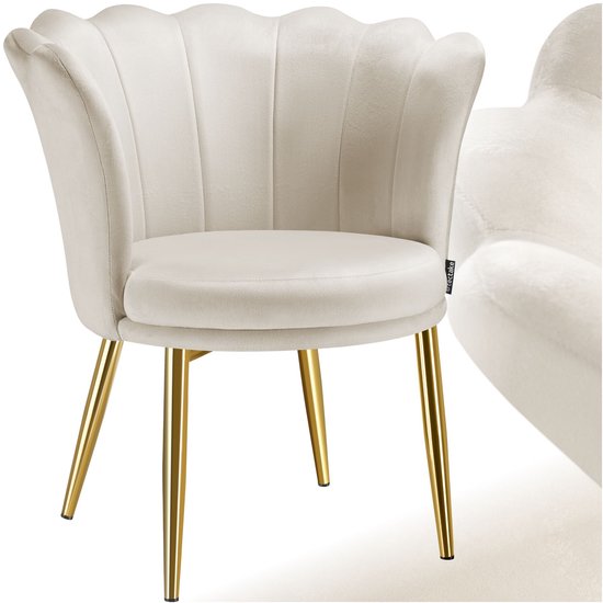 tectake® Fauteuil Stella - Fauteuil baquet avec accoudoirs – Chaise de salle à manger confortable – Chaise de cuisine – Rembourrage épais – Pour le salon et la salle à manger – Avec revêtement en velours - crème/or