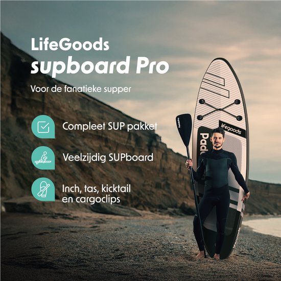 LifeGoods PaddlePro SUP Board Pro - Pro Set - Planche à pagaie gonflable - Max. 150KG - 320x81cm - Noir/Blanc