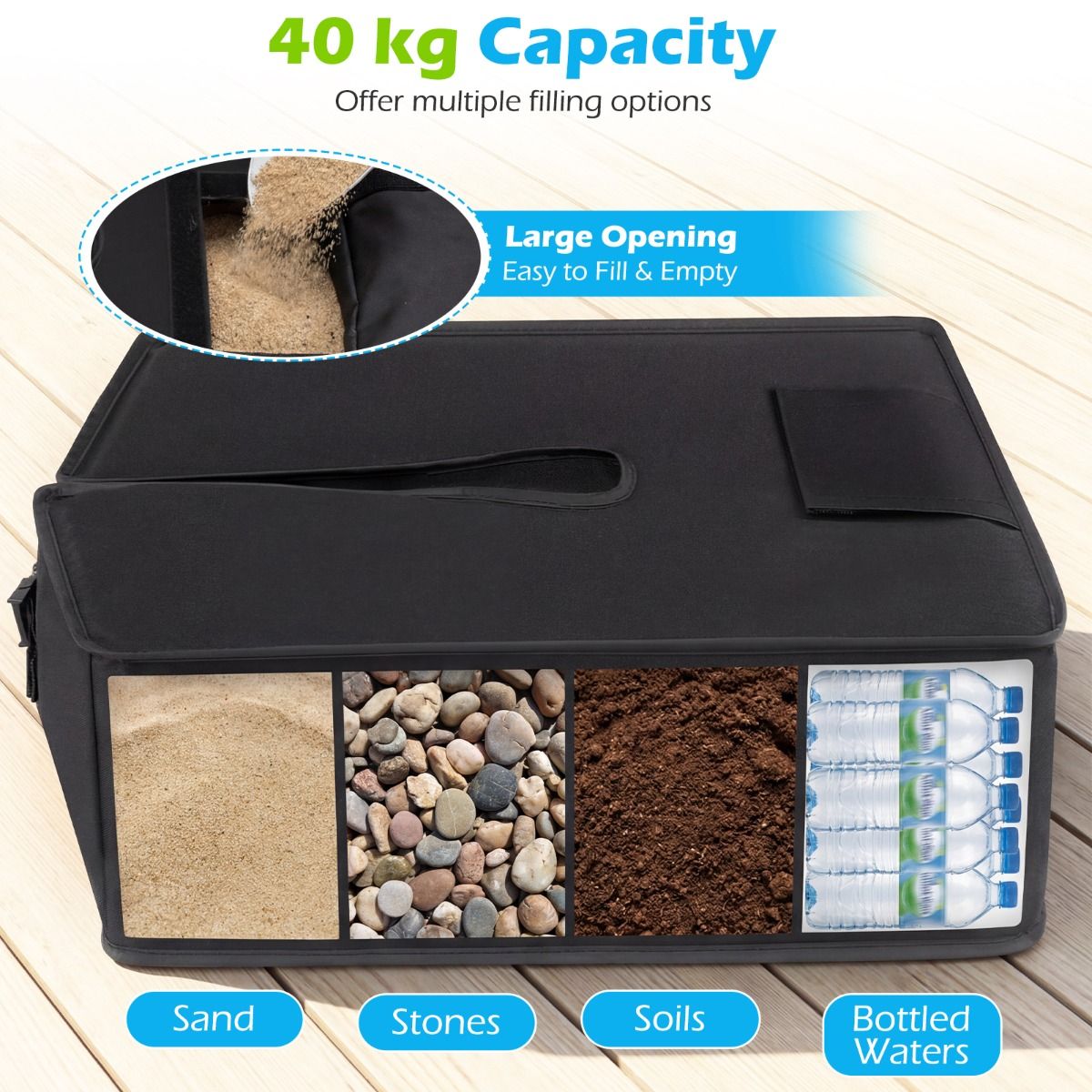 Pied de parasol Coast avec sac de sable - pouvant contenir jusqu'à 40 kg - fermeture réglable - noir