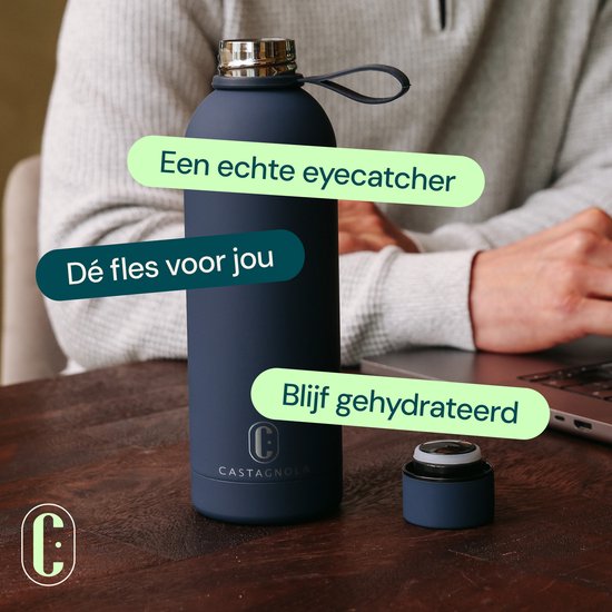 Bouteille d'eau Castagnola - Bouteille à boire en acier inoxydable 500 ML - Thermos en acier - Bouteilles à boire pour adultes - Double paroi - Bleu foncé