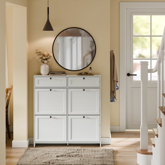 Armoire à chaussures SoBuy pour entrée, armoire à chaussures avec 2 tiroirs et 4 portes rabattables, rangement pratique pour 12 paires de chaussures, blanche, MDF E1, idéale pour les petits espaces - FSR208-W