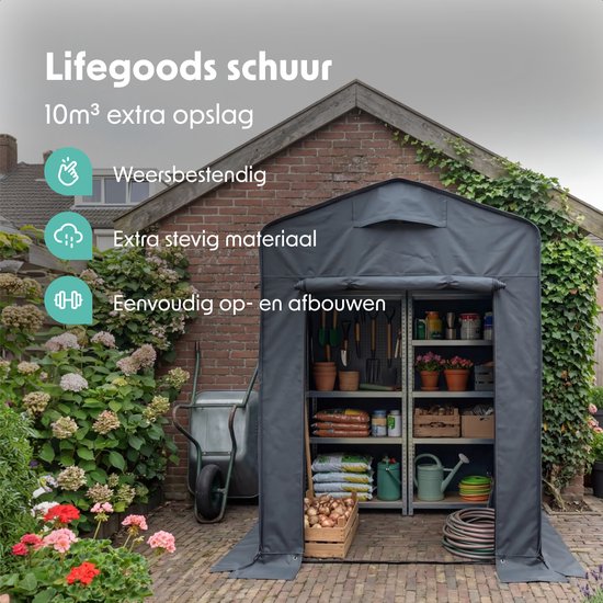 LifeGoods Abri de jardin pliable - Tente d'abri - pliable - tente pour vélo - rangement de jardin - armature en acier - 220x150cm - abri de jardin - gris