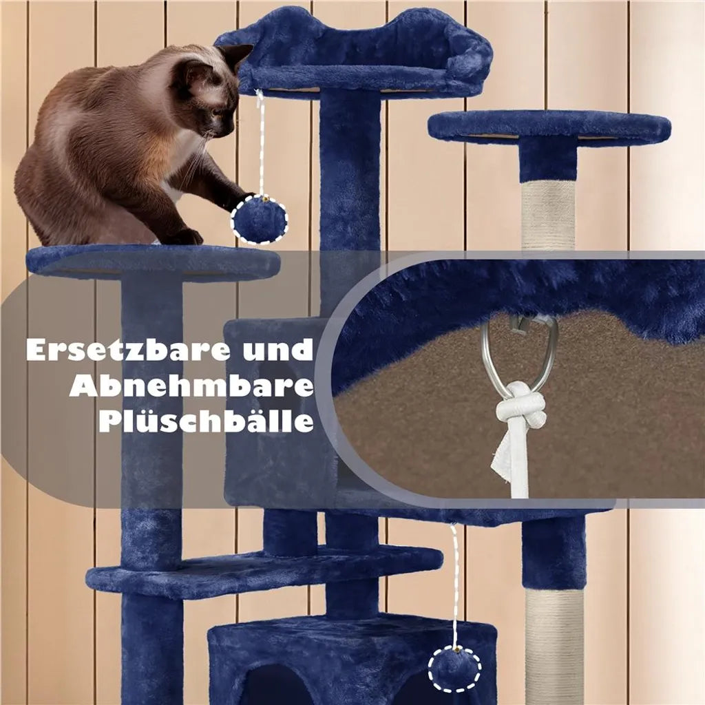 Arbre à chat Yaheetech 49 x 49 x 139 cm - Bleu marine - Arbre à chat avec 3 plateformes et 2 niches