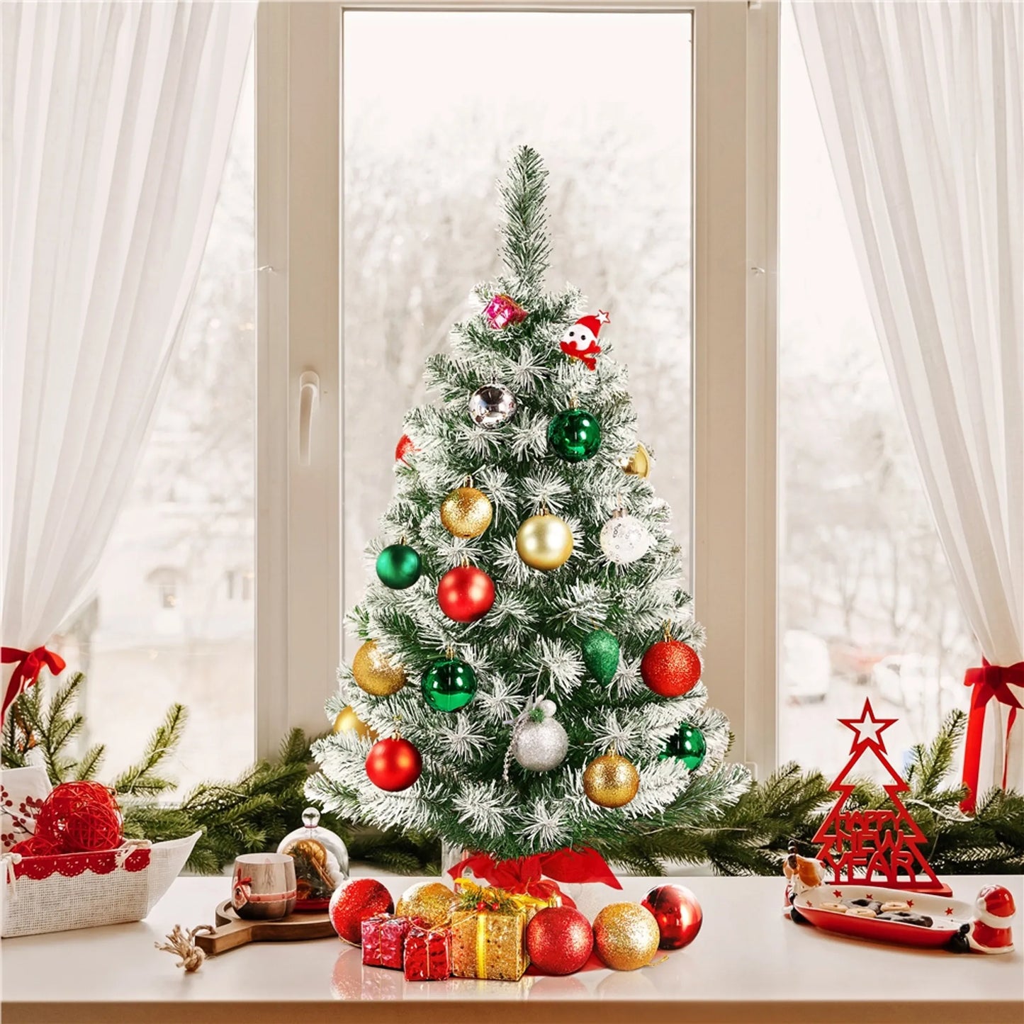Yaheetech Sapin de Noël de table avec lumières - 48 x 48 x 90 cm - équipé de 50 lumières LED et de 60 baies rouges et d'une base en béton avec tissu rouge - pour le buffet et le bureau - PVC vert et béton