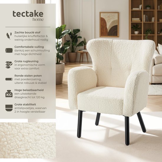 tectake® - Fauteuil Vänersborg - Fauteuil relax épais avec revêtement bouclé - Fauteuil lounge avec accoudoirs larges et dossier ergonomique - Pieds réglables en hauteur avec protection du sol - Beige/crème