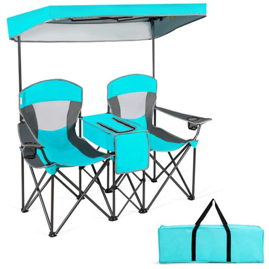 Chaise de camping de luxe pour 2 personnes avec auvent réglable, glacière et sac de transport - idéale pour les activités de plein air